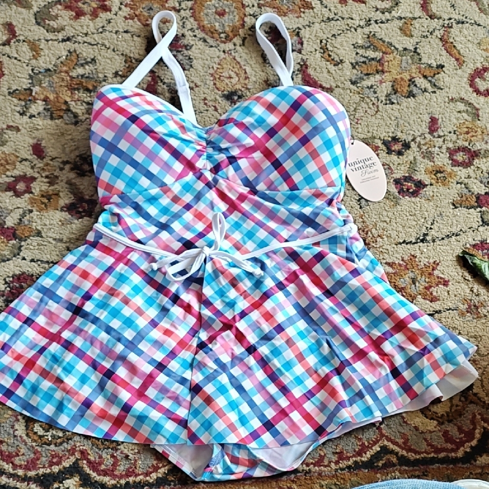 Unique Vintage Colorful Plaid Swimsuit Dress